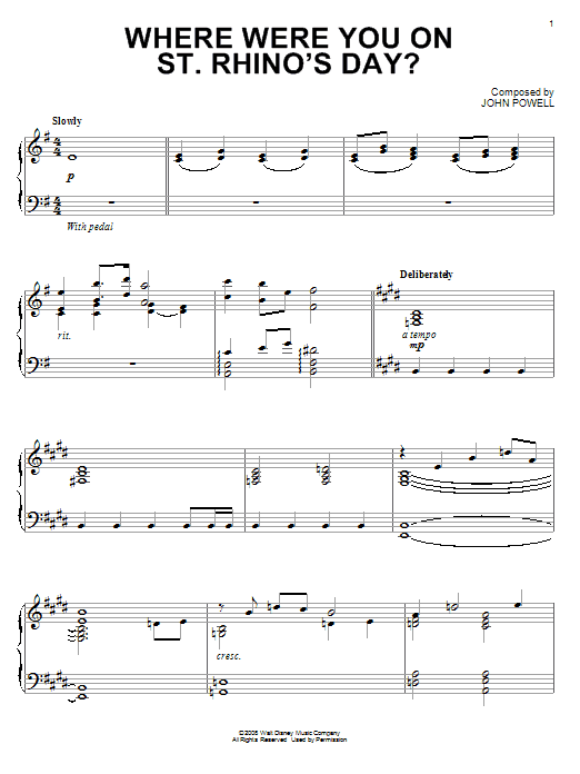 Preview John Powell Where Were You On St. Rhino's Day? Film and TV sheet music, notes and chords for Piano, SKU: 68012 sheet music, piano notes, chords, guitar tabs, score, transpose, transcribe, how to play, guide, download, learn, tutorial, progression, song, artist, awards, billboard, mtv, vh1, tour, single, album, release