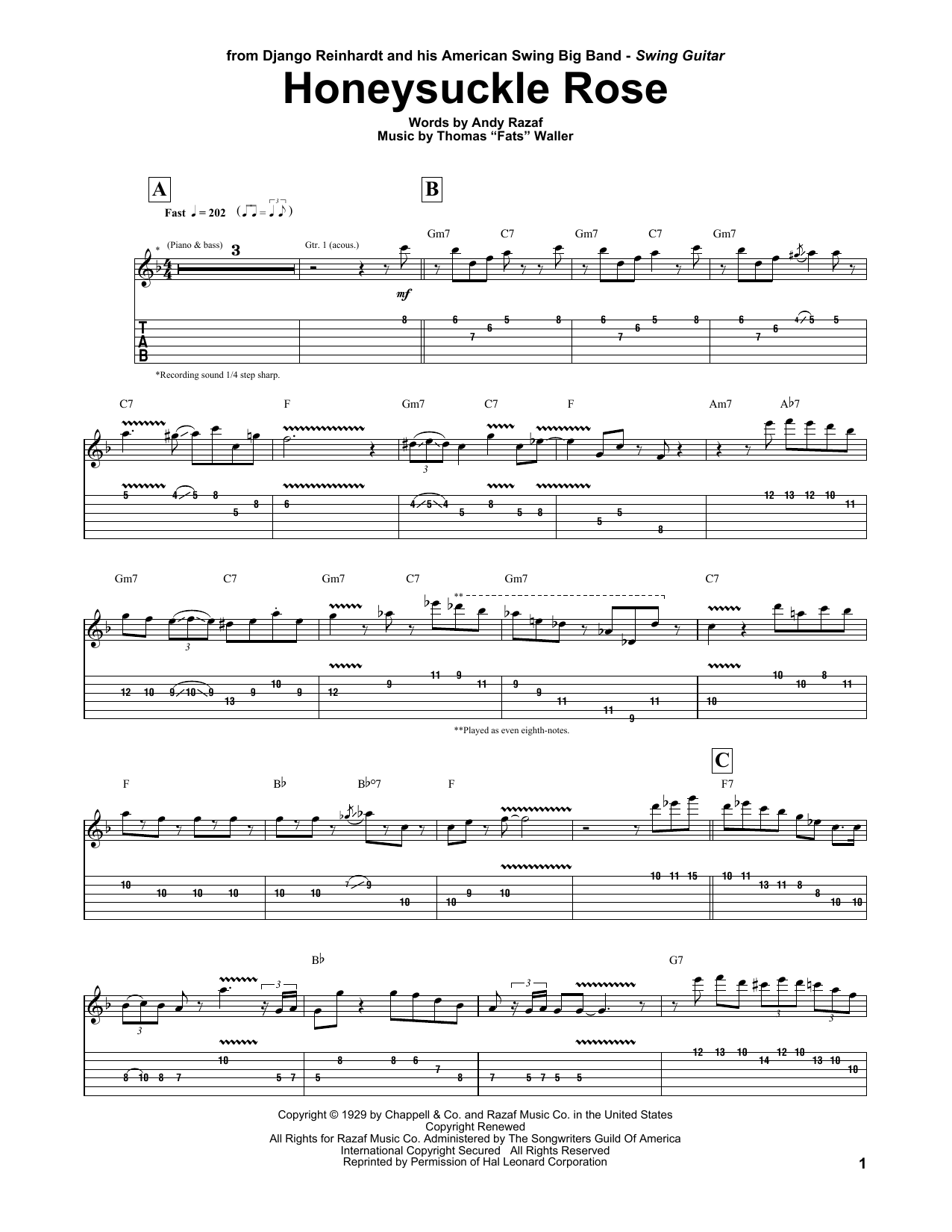 Preview Django Reinhardt Honeysuckle Rose Jazz sheet music, notes and chords for Guitar Tab, SKU: 68047 sheet music, piano notes, chords, guitar tabs, score, transpose, transcribe, how to play, guide, download, learn, tutorial, progression, song, artist, awards, billboard, mtv, vh1, tour, single, album, release
