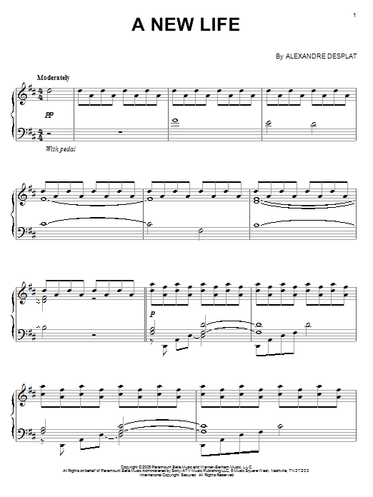 Preview Alexandre Desplat A New Life Film and TV sheet music, notes and chords for Piano, SKU: 68402 sheet music, piano notes, chords, guitar tabs, score, transpose, transcribe, how to play, guide, download, learn, tutorial, progression, song, artist, awards, billboard, mtv, vh1, tour, single, album, release