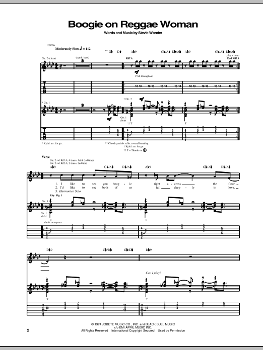 Preview Stevie Wonder Boogie On Reggae Woman Pop sheet music, notes and chords for Guitar Tab, SKU: 68792 sheet music, piano notes, chords, guitar tabs, score, transpose, transcribe, how to play, guide, download, learn, tutorial, progression, song, artist, awards, billboard, mtv, vh1, tour, single, album, release