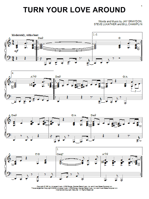 Preview George Benson Turn Your Love Around Pop sheet music, notes and chords for Piano, SKU: 69856 sheet music, piano notes, chords, guitar tabs, score, transpose, transcribe, how to play, guide, download, learn, tutorial, progression, song, artist, awards, billboard, mtv, vh1, tour, single, album, release