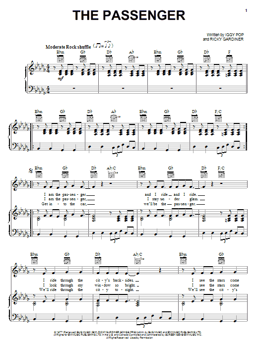 Preview Iggy Pop The Passenger Pop sheet music, notes and chords for Piano, Vocal & Guitar (Right-Hand Melody), SKU: 70566 sheet music, piano notes, chords, guitar tabs, score, transpose, transcribe, how to play, guide, download, learn, tutorial, progression, song, artist, awards, billboard, mtv, vh1, tour, single, album, release