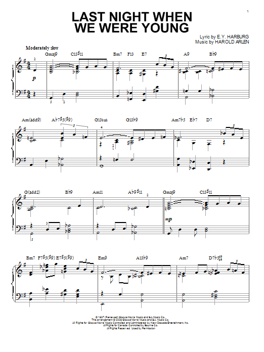 Preview E.Y. Harburg Last Night When We Were Young Pop sheet music, notes and chords for Piano, SKU: 70740 sheet music, piano notes, chords, guitar tabs, score, transpose, transcribe, how to play, guide, download, learn, tutorial, progression, song, artist, awards, billboard, mtv, vh1, tour, single, album, release