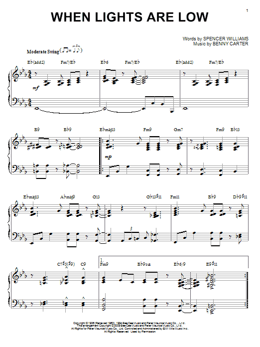 Preview Benny Carter When Lights Are Low Jazz sheet music, notes and chords for Piano, SKU: 71374 sheet music, piano notes, chords, guitar tabs, score, transpose, transcribe, how to play, guide, download, learn, tutorial, progression, song, artist, awards, billboard, mtv, vh1, tour, single, album, release