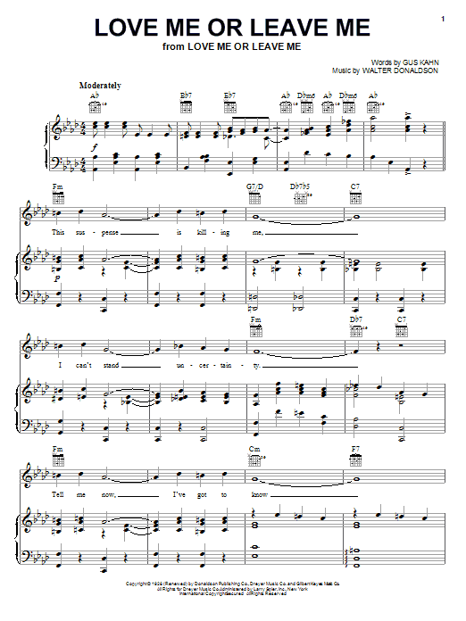 Preview Lena Horne Love Me Or Leave Me Pop sheet music, notes and chords for Piano, Vocal & Guitar (Right-Hand Melody), SKU: 71883 sheet music, piano notes, chords, guitar tabs, score, transpose, transcribe, how to play, guide, download, learn, tutorial, progression, song, artist, awards, billboard, mtv, vh1, tour, single, album, release