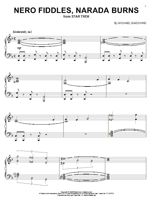 Preview Michael Giacchino Nero Fiddles, Narada Burns Pop sheet music, notes and chords for Piano, SKU: 72005 sheet music, piano notes, chords, guitar tabs, score, transpose, transcribe, how to play, guide, download, learn, tutorial, progression, song, artist, awards, billboard, mtv, vh1, tour, single, album, release