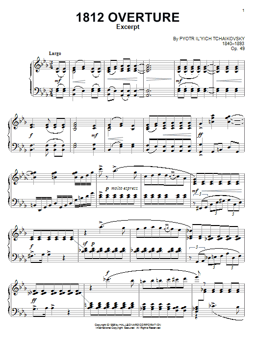 Preview Pyotr Ilyich Tchaikovsky 1812 Overture in E flat, Op. 49 Classical sheet music, notes and chords for Piano, SKU: 72239 sheet music, piano notes, chords, guitar tabs, score, transpose, transcribe, how to play, guide, download, learn, tutorial, progression, song, artist, awards, billboard, mtv, vh1, tour, single, album, release