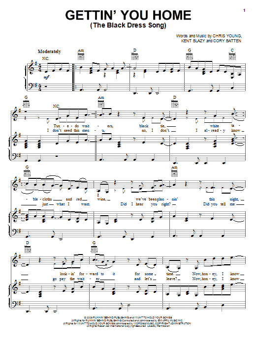 Preview Chris Young Gettin' You Home (The Black Dress Song) Pop sheet music, notes and chords for Piano, Vocal & Guitar (Right-Hand Melody), SKU: 72300 sheet music, piano notes, chords, guitar tabs, score, transpose, transcribe, how to play, guide, download, learn, tutorial, progression, song, artist, awards, billboard, mtv, vh1, tour, single, album, release