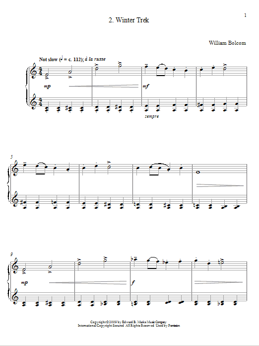 Preview William Bolcom Winter Trek Classical sheet music, notes and chords for Piano, SKU: 73300 sheet music, piano notes, chords, guitar tabs, score, transpose, transcribe, how to play, guide, download, learn, tutorial, progression, song, artist, awards, billboard, mtv, vh1, tour, single, album, release