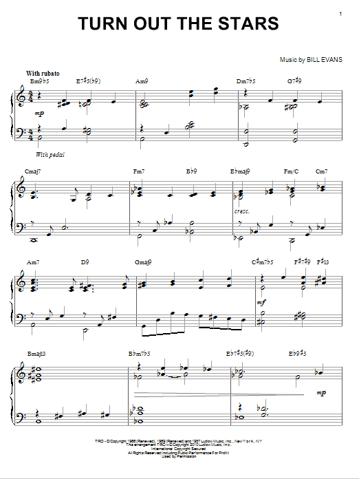 Preview Bill Evans Turn Out The Stars Jazz sheet music, notes and chords for Piano, SKU: 73351 sheet music, piano notes, chords, guitar tabs, score, transpose, transcribe, how to play, guide, download, learn, tutorial, progression, song, artist, awards, billboard, mtv, vh1, tour, single, album, release