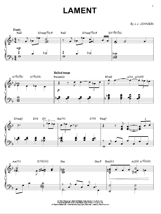 Preview J.J. Johnson Lament Jazz sheet music, notes and chords for Piano, SKU: 73354 sheet music, piano notes, chords, guitar tabs, score, transpose, transcribe, how to play, guide, download, learn, tutorial, progression, song, artist, awards, billboard, mtv, vh1, tour, single, album, release