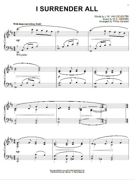 Preview Judson W. Van De Venter I Surrender All Hymn sheet music, notes and chords for Piano, SKU: 73663 sheet music, piano notes, chords, guitar tabs, score, transpose, transcribe, how to play, guide, download, learn, tutorial, progression, song, artist, awards, billboard, mtv, vh1, tour, single, album, release