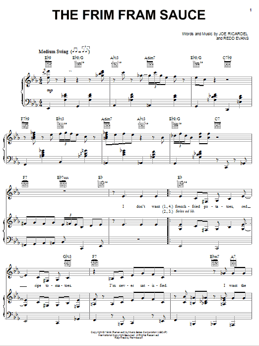 Preview Diana Krall The Frim Fram Sauce Jazz sheet music, notes and chords for Piano, Vocal & Guitar (Right-Hand Melody), SKU: 74418 sheet music, piano notes, chords, guitar tabs, score, transpose, transcribe, how to play, guide, download, learn, tutorial, progression, song, artist, awards, billboard, mtv, vh1, tour, single, album, release