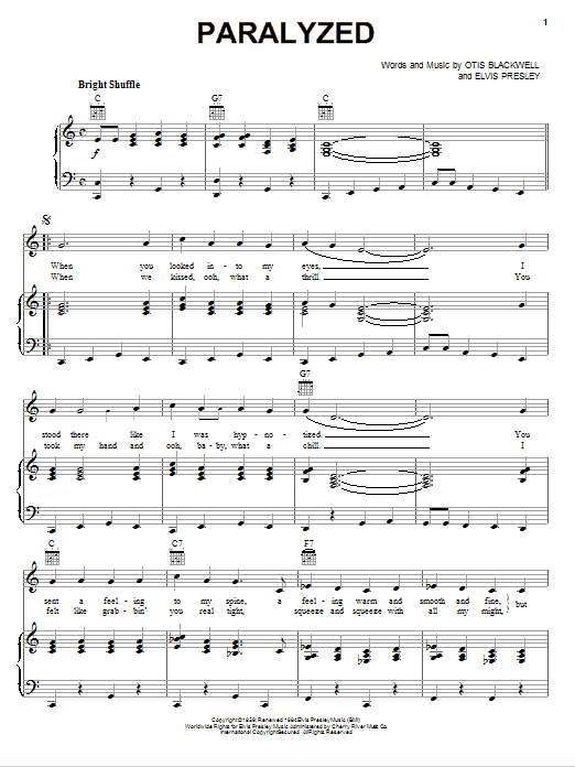 Preview Elvis Presley Paralyzed Pop sheet music, notes and chords for Piano, Vocal & Guitar (Right-Hand Melody), SKU: 75119 sheet music, piano notes, chords, guitar tabs, score, transpose, transcribe, how to play, guide, download, learn, tutorial, progression, song, artist, awards, billboard, mtv, vh1, tour, single, album, release