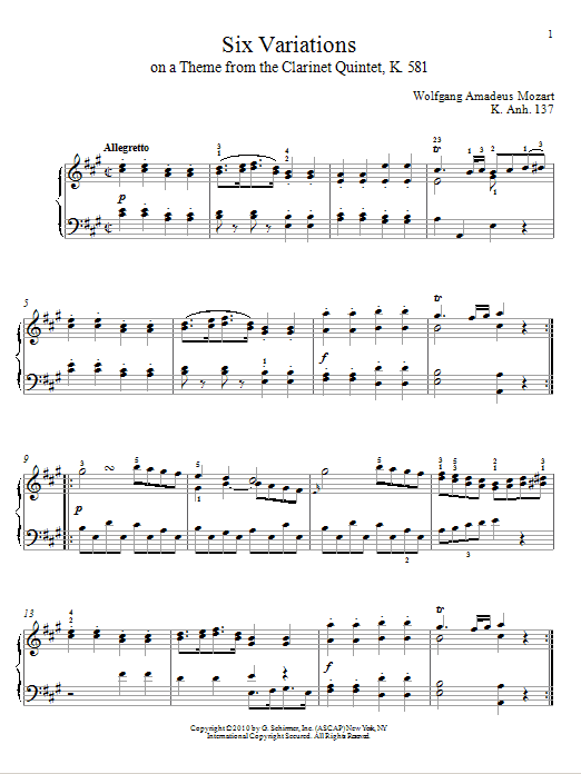Preview Wolfgang Amadeus Mozart Six Variations on A Theme From The Clarinet Quintet, K. 581, K. Anh. 137 Classical sheet music, notes and chords for Piano, SKU: 76121 sheet music, piano notes, chords, guitar tabs, score, transpose, transcribe, how to play, guide, download, learn, tutorial, progression, song, artist, awards, billboard, mtv, vh1, tour, single, album, release