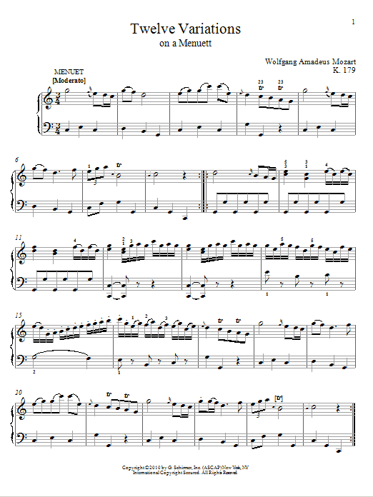 Preview Wolfgang Amadeus Mozart Twelve Variations on A Menuett, K. 179 Classical sheet music, notes and chords for Piano, SKU: 76125 sheet music, piano notes, chords, guitar tabs, score, transpose, transcribe, how to play, guide, download, learn, tutorial, progression, song, artist, awards, billboard, mtv, vh1, tour, single, album, release