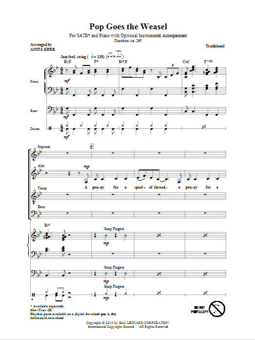 Preview Traditional Pop Goes The Weasel (arr. Anita Kerr) Jazz sheet music, notes and chords for SATB, SKU: 76492 sheet music, piano notes, chords, guitar tabs, score, transpose, transcribe, how to play, guide, download, learn, tutorial, progression, song, artist, awards, billboard, mtv, vh1, tour, single, album, release