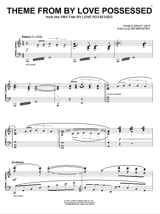 Preview Elmer Bernstein Theme from By Love Possessed Film and TV sheet music, notes and chords for Piano, SKU: 77431 sheet music, piano notes, chords, guitar tabs, score, transpose, transcribe, how to play, guide, download, learn, tutorial, progression, song, artist, awards, billboard, mtv, vh1, tour, single, album, release