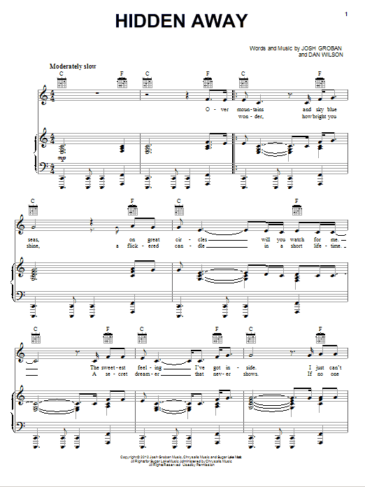 Preview Josh Groban Hidden Away Pop sheet music, notes and chords for Piano, Vocal & Guitar (Right-Hand Melody), SKU: 79325 sheet music, piano notes, chords, guitar tabs, score, transpose, transcribe, how to play, guide, download, learn, tutorial, progression, song, artist, awards, billboard, mtv, vh1, tour, single, album, release