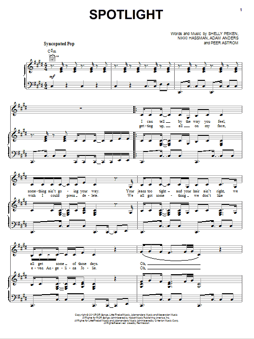 Preview Selena Gomez & The Scene Spotlight Pop sheet music, notes and chords for Piano, Vocal & Guitar (Right-Hand Melody), SKU: 79452 sheet music, piano notes, chords, guitar tabs, score, transpose, transcribe, how to play, guide, download, learn, tutorial, progression, song, artist, awards, billboard, mtv, vh1, tour, single, album, release