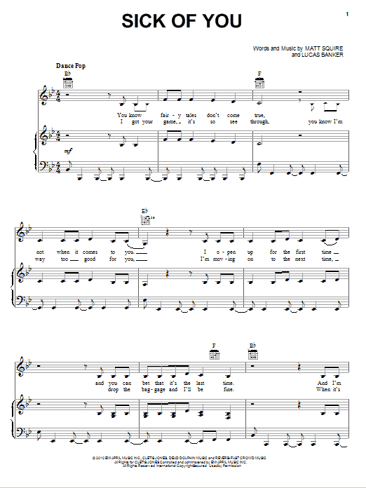 Preview Selena Gomez & The Scene Sick Of You Pop sheet music, notes and chords for Piano, Vocal & Guitar (Right-Hand Melody), SKU: 79454 sheet music, piano notes, chords, guitar tabs, score, transpose, transcribe, how to play, guide, download, learn, tutorial, progression, song, artist, awards, billboard, mtv, vh1, tour, single, album, release