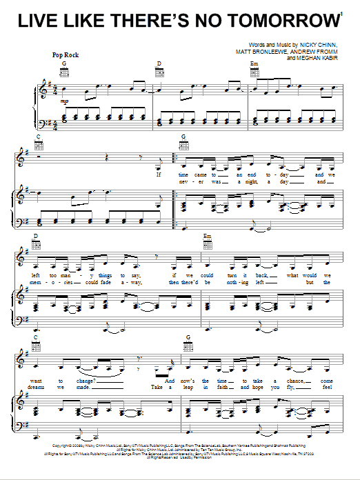 Preview Selena Gomez & The Scene Live Like There's No Tomorrow Pop sheet music, notes and chords for Piano, Vocal & Guitar (Right-Hand Melody), SKU: 79455 sheet music, piano notes, chords, guitar tabs, score, transpose, transcribe, how to play, guide, download, learn, tutorial, progression, song, artist, awards, billboard, mtv, vh1, tour, single, album, release
