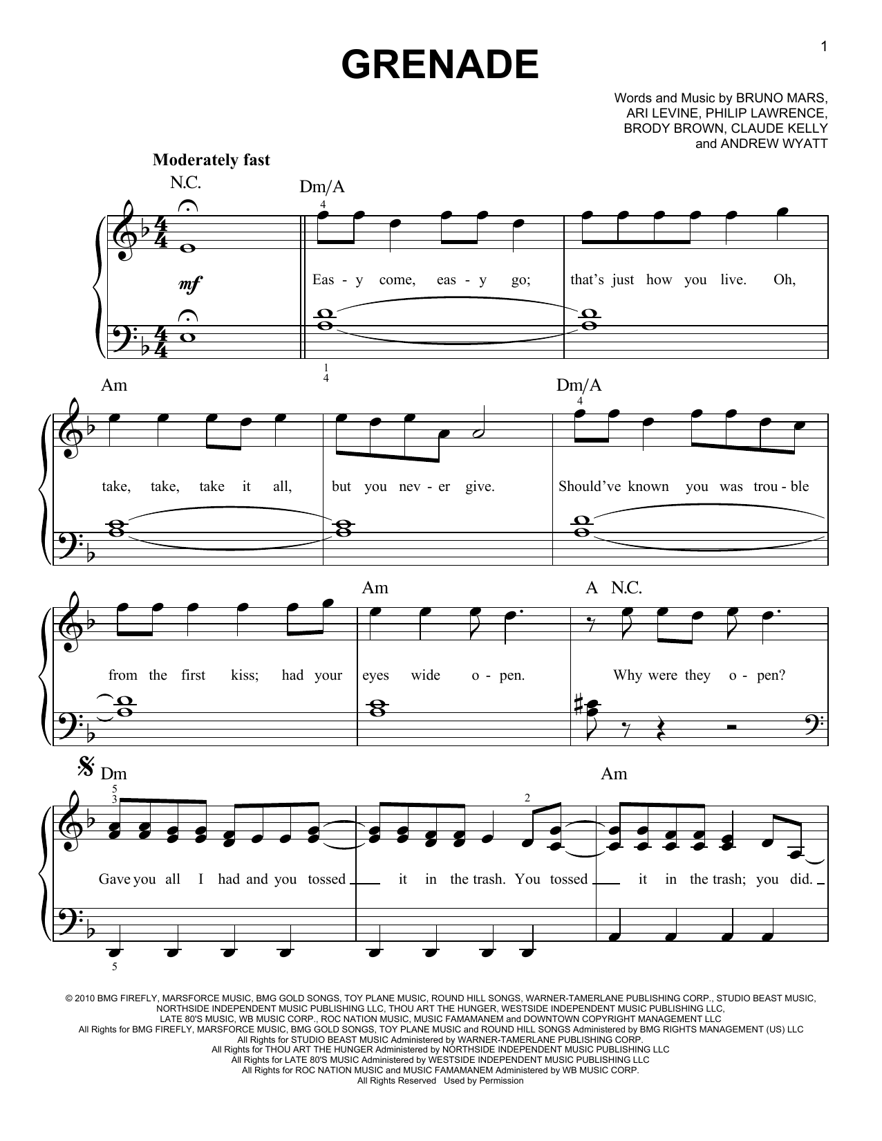 Preview Bruno Mars Grenade Pop sheet music, notes and chords for Easy Piano, SKU: 80479 sheet music, piano notes, chords, guitar tabs, score, transpose, transcribe, how to play, guide, download, learn, tutorial, progression, song, artist, awards, billboard, mtv, vh1, tour, single, album, release