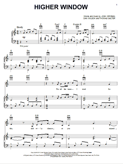 Preview Josh Groban Higher Window Classical sheet music, notes and chords for Piano, Vocal & Guitar (Right-Hand Melody), SKU: 80903 sheet music, piano notes, chords, guitar tabs, score, transpose, transcribe, how to play, guide, download, learn, tutorial, progression, song, artist, awards, billboard, mtv, vh1, tour, single, album, release