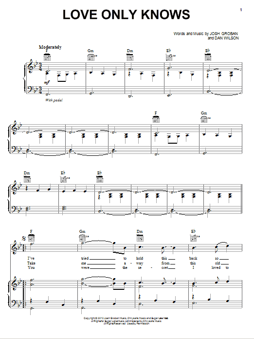 Preview Josh Groban Love Only Knows Classical sheet music, notes and chords for Piano, Vocal & Guitar (Right-Hand Melody), SKU: 80907 sheet music, piano notes, chords, guitar tabs, score, transpose, transcribe, how to play, guide, download, learn, tutorial, progression, song, artist, awards, billboard, mtv, vh1, tour, single, album, release
