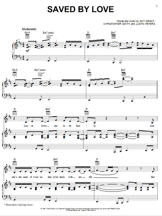 Preview Amy Grant Saved By Love Pop sheet music, notes and chords for Piano, Vocal & Guitar (Right-Hand Melody), SKU: 81272 sheet music, piano notes, chords, guitar tabs, score, transpose, transcribe, how to play, guide, download, learn, tutorial, progression, song, artist, awards, billboard, mtv, vh1, tour, single, album, release