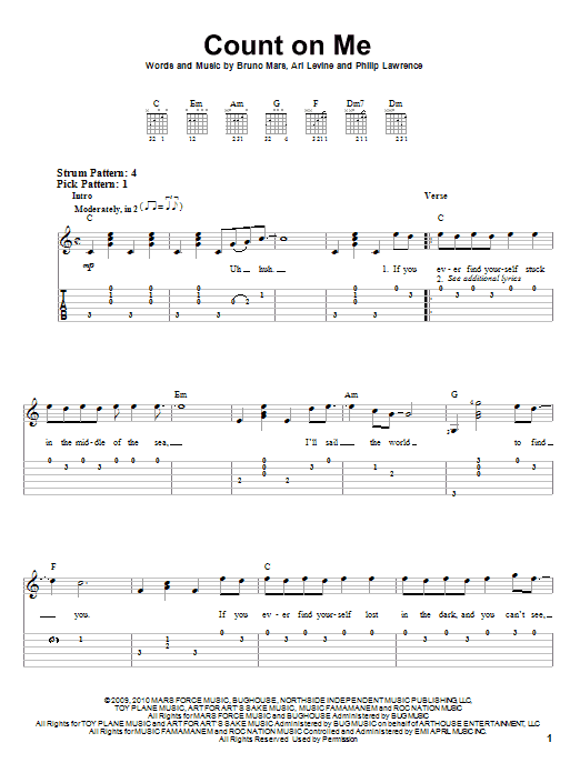 Preview Bruno Mars Count On Me Pop sheet music, notes and chords for Easy Guitar Tab, SKU: 82889 sheet music, piano notes, chords, guitar tabs, score, transpose, transcribe, how to play, guide, download, learn, tutorial, progression, song, artist, awards, billboard, mtv, vh1, tour, single, album, release