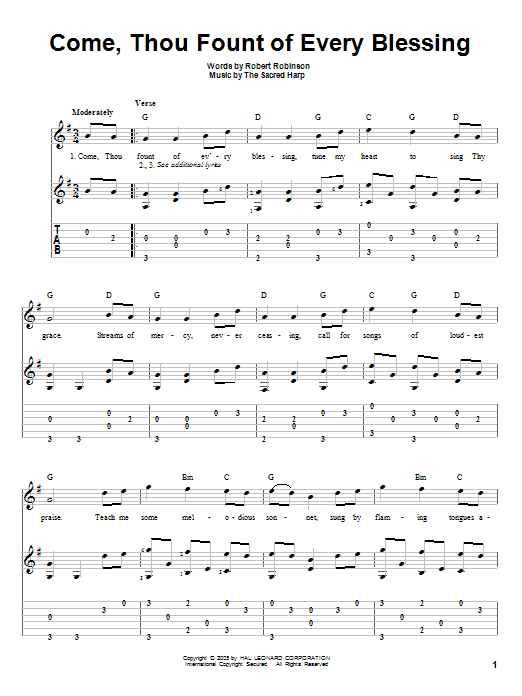 Preview Robert Robinson Come, Thou Fount Of Every Blessing Hymn sheet music, notes and chords for Guitar Tab, SKU: 82999 sheet music, piano notes, chords, guitar tabs, score, transpose, transcribe, how to play, guide, download, learn, tutorial, progression, song, artist, awards, billboard, mtv, vh1, tour, single, album, release