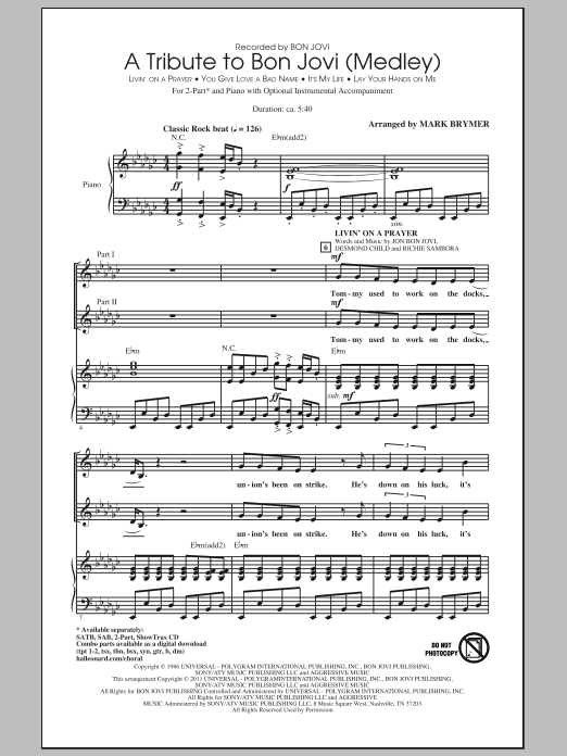Preview Mark Brymer A Tribute To Bon Jovi (Medley) Rock sheet music, notes and chords for 2-Part Choir, SKU: 83860 sheet music, piano notes, chords, guitar tabs, score, transpose, transcribe, how to play, guide, download, learn, tutorial, progression, song, artist, awards, billboard, mtv, vh1, tour, single, album, release