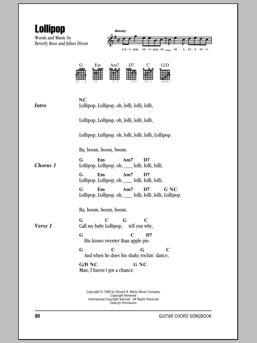 Preview The Chordettes Lollipop Film and TV sheet music, notes and chords for Lyrics & Chords, SKU: 84434 sheet music, piano notes, chords, guitar tabs, score, transpose, transcribe, how to play, guide, download, learn, tutorial, progression, song, artist, awards, billboard, mtv, vh1, tour, single, album, release