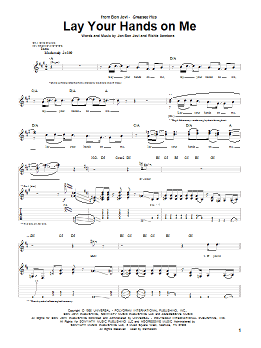 Preview Bon Jovi Lay Your Hands On Me Rock sheet music, notes and chords for Guitar Tab, SKU: 84857 sheet music, piano notes, chords, guitar tabs, score, transpose, transcribe, how to play, guide, download, learn, tutorial, progression, song, artist, awards, billboard, mtv, vh1, tour, single, album, release