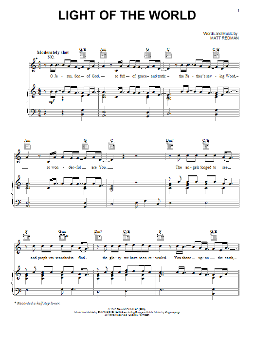 Preview Matt Redman Light Of The World Religious sheet music, notes and chords for Piano, Vocal & Guitar (Right-Hand Melody), SKU: 86392 sheet music, piano notes, chords, guitar tabs, score, transpose, transcribe, how to play, guide, download, learn, tutorial, progression, song, artist, awards, billboard, mtv, vh1, tour, single, album, release