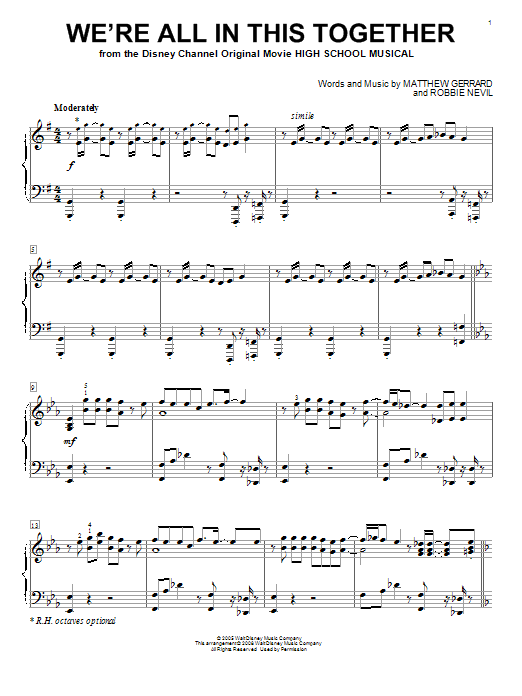 Preview High School Musical We're All In This Together Pop sheet music, notes and chords for Piano, SKU: 86639 sheet music, piano notes, chords, guitar tabs, score, transpose, transcribe, how to play, guide, download, learn, tutorial, progression, song, artist, awards, billboard, mtv, vh1, tour, single, album, release