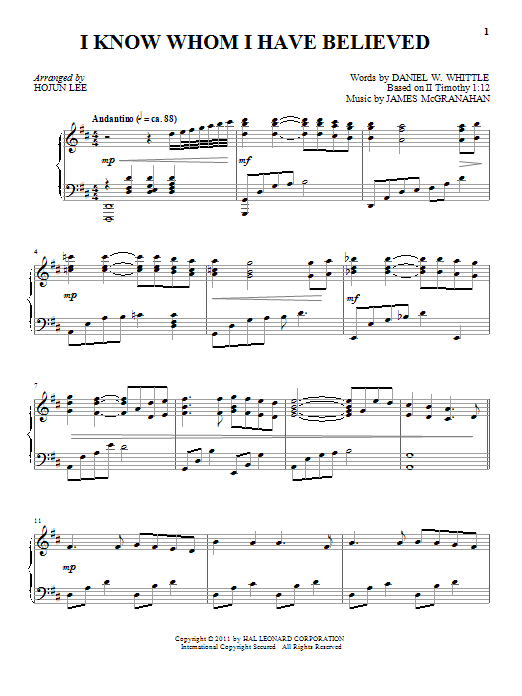 Preview James McGranahan I Know Whom I Have Believed Hymn sheet music, notes and chords for Piano, SKU: 86825 sheet music, piano notes, chords, guitar tabs, score, transpose, transcribe, how to play, guide, download, learn, tutorial, progression, song, artist, awards, billboard, mtv, vh1, tour, single, album, release