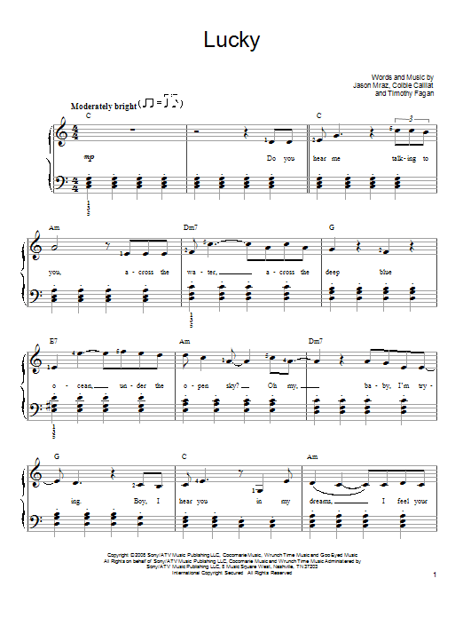 Jason Mraz Colbie Caillat Lucky Sheet Music Notes Chords Download Printable Easy Piano Sku 86936