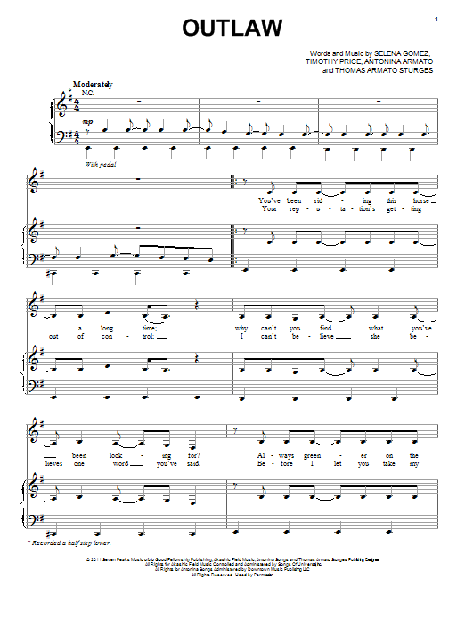 Preview Selena Gomez Outlaw Pop sheet music, notes and chords for Piano, Vocal & Guitar (Right-Hand Melody), SKU: 87061 sheet music, piano notes, chords, guitar tabs, score, transpose, transcribe, how to play, guide, download, learn, tutorial, progression, song, artist, awards, billboard, mtv, vh1, tour, single, album, release