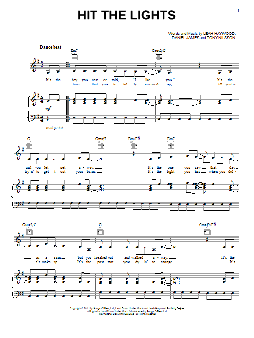 Preview Selena Gomez Hit The Lights Pop sheet music, notes and chords for Piano, Vocal & Guitar (Right-Hand Melody), SKU: 87076 sheet music, piano notes, chords, guitar tabs, score, transpose, transcribe, how to play, guide, download, learn, tutorial, progression, song, artist, awards, billboard, mtv, vh1, tour, single, album, release