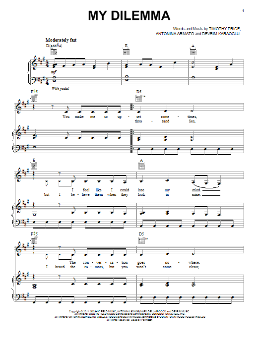 Preview Selena Gomez My Dilemma Pop sheet music, notes and chords for Piano, Vocal & Guitar (Right-Hand Melody), SKU: 87093 sheet music, piano notes, chords, guitar tabs, score, transpose, transcribe, how to play, guide, download, learn, tutorial, progression, song, artist, awards, billboard, mtv, vh1, tour, single, album, release