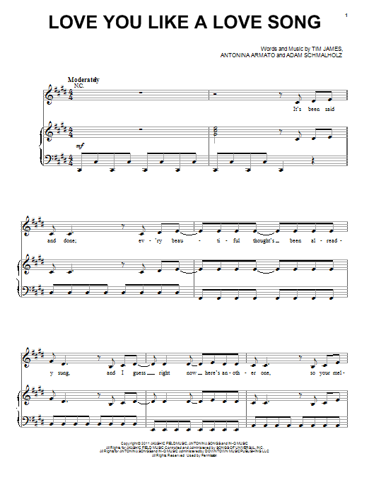 Preview Selena Gomez Love You Like A Love Song Pop sheet music, notes and chords for Piano, Vocal & Guitar (Right-Hand Melody), SKU: 87097 sheet music, piano notes, chords, guitar tabs, score, transpose, transcribe, how to play, guide, download, learn, tutorial, progression, song, artist, awards, billboard, mtv, vh1, tour, single, album, release