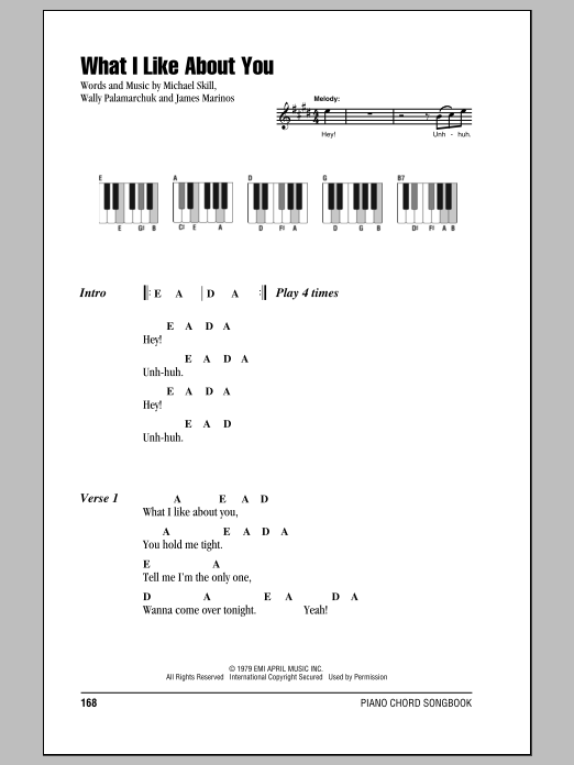 Preview The Romantics What I Like About You Rock sheet music, notes and chords for Lyrics & Piano Chords, SKU: 87324 sheet music, piano notes, chords, guitar tabs, score, transpose, transcribe, how to play, guide, download, learn, tutorial, progression, song, artist, awards, billboard, mtv, vh1, tour, single, album, release
