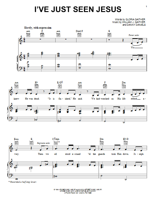 Preview Gloria Gaither I've Just Seen Jesus Religious sheet music, notes and chords for Piano, Vocal & Guitar (Right-Hand Melody), SKU: 87516 sheet music, piano notes, chords, guitar tabs, score, transpose, transcribe, how to play, guide, download, learn, tutorial, progression, song, artist, awards, billboard, mtv, vh1, tour, single, album, release