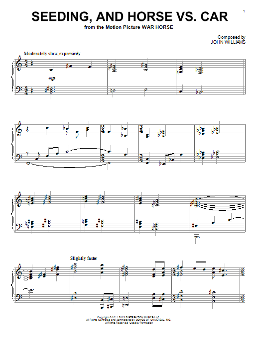 Preview John Williams Seeding, And Horse Vs. Car Film and TV sheet music, notes and chords for Piano, SKU: 88579 sheet music, piano notes, chords, guitar tabs, score, transpose, transcribe, how to play, guide, download, learn, tutorial, progression, song, artist, awards, billboard, mtv, vh1, tour, single, album, release