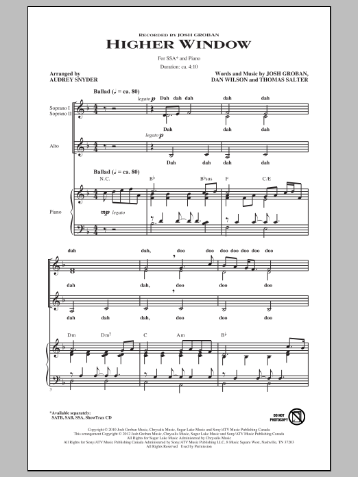 Preview Josh Groban Higher Window (arr. Audrey Snyder) Pop sheet music, notes and chords for SSA, SKU: 88757 sheet music, piano notes, chords, guitar tabs, score, transpose, transcribe, how to play, guide, download, learn, tutorial, progression, song, artist, awards, billboard, mtv, vh1, tour, single, album, release