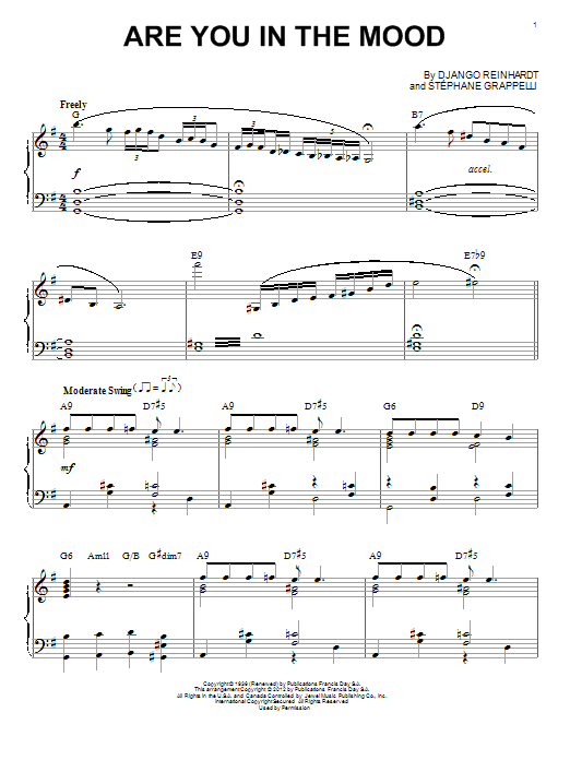 Preview Django Reinhardt Are You In The Mood Jazz sheet music, notes and chords for Piano, SKU: 90109 sheet music, piano notes, chords, guitar tabs, score, transpose, transcribe, how to play, guide, download, learn, tutorial, progression, song, artist, awards, billboard, mtv, vh1, tour, single, album, release