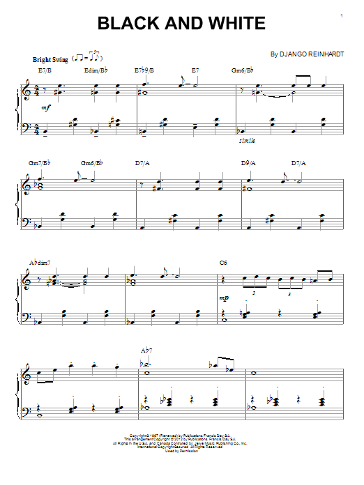 Preview Django Reinhardt Black And White Jazz sheet music, notes and chords for Piano, SKU: 90135 sheet music, piano notes, chords, guitar tabs, score, transpose, transcribe, how to play, guide, download, learn, tutorial, progression, song, artist, awards, billboard, mtv, vh1, tour, single, album, release