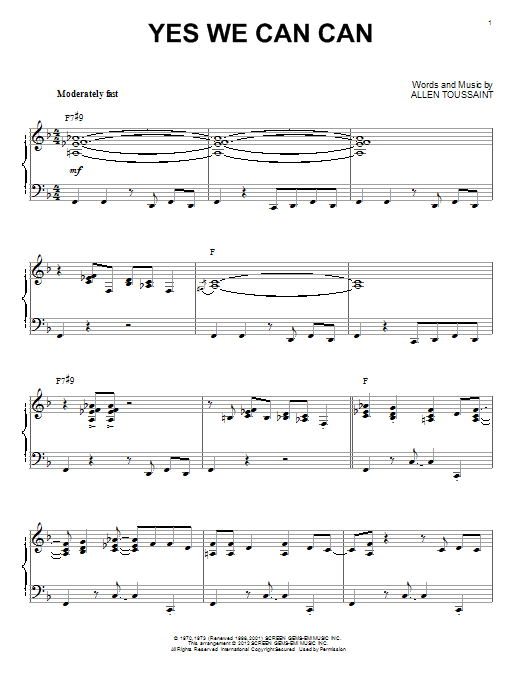 Preview Allen Toussaint Yes We Can Can Jazz sheet music, notes and chords for Piano, SKU: 90203 sheet music, piano notes, chords, guitar tabs, score, transpose, transcribe, how to play, guide, download, learn, tutorial, progression, song, artist, awards, billboard, mtv, vh1, tour, single, album, release